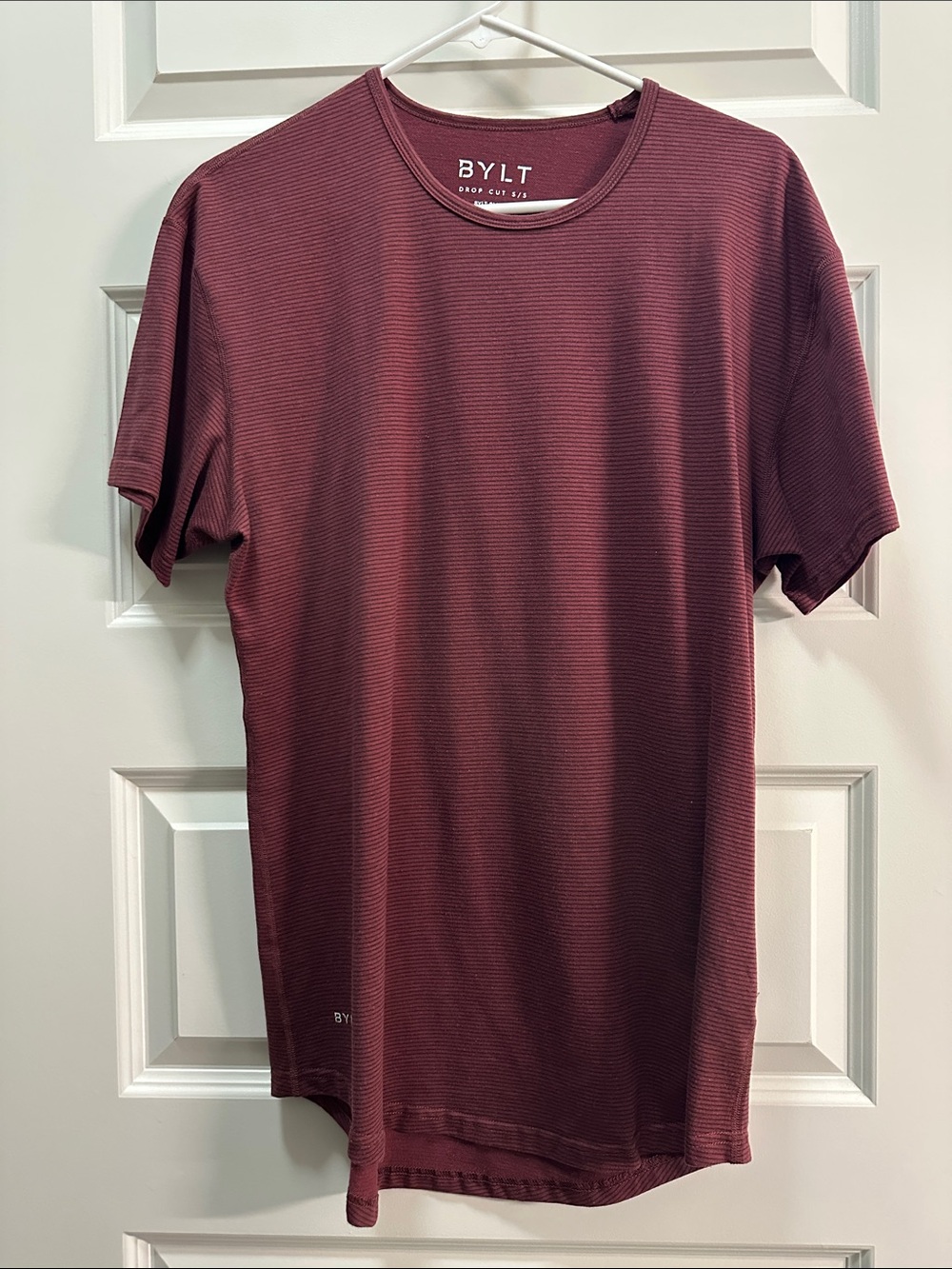 Men's BYLT Large Short Sleeve T Shirt - Burgundy with Black Stripes